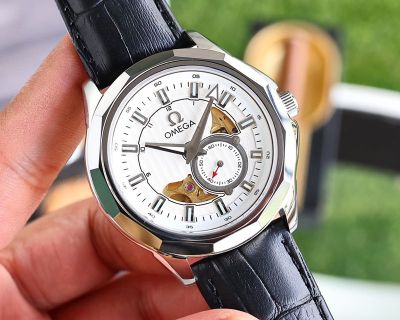 Omega 316L Steel Genuine Cowhide Leather Strap 41MM Men Watch